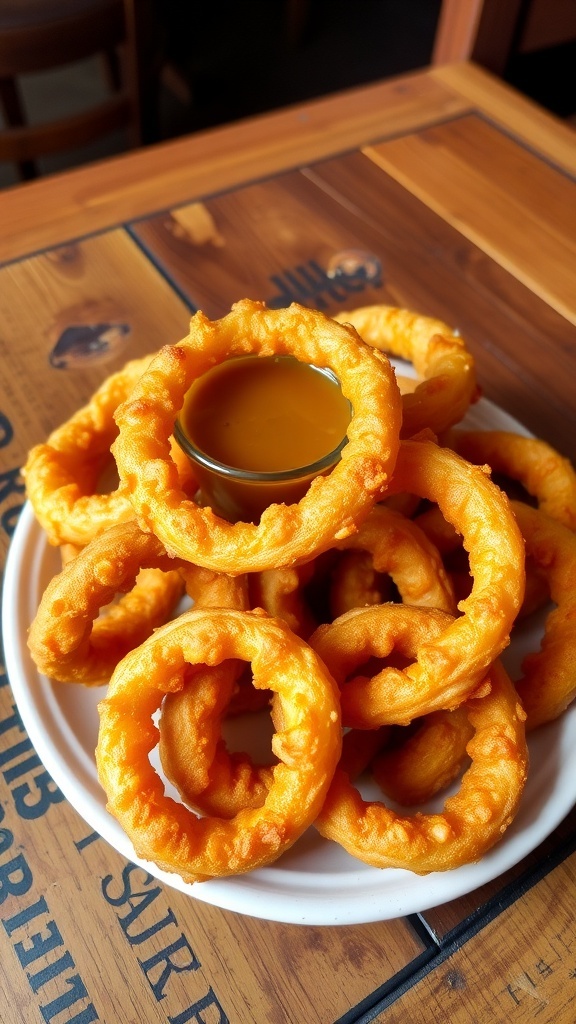 Crispy fried onion rings served with dipping sauce on a rustic table.